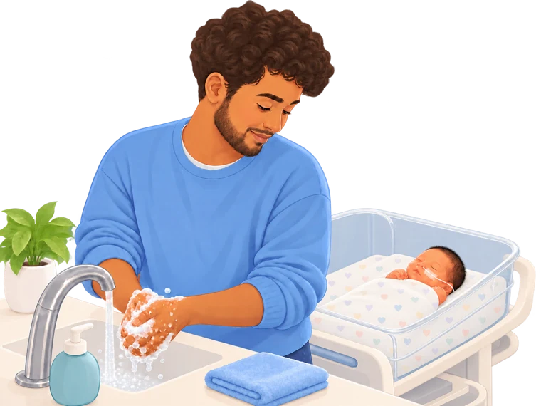 Handwashing beside a baby lying in a flat, clear cot
