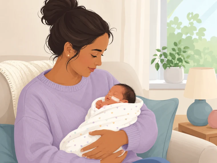 Parent holding a black-haired baby with prescribed nasal oxygen