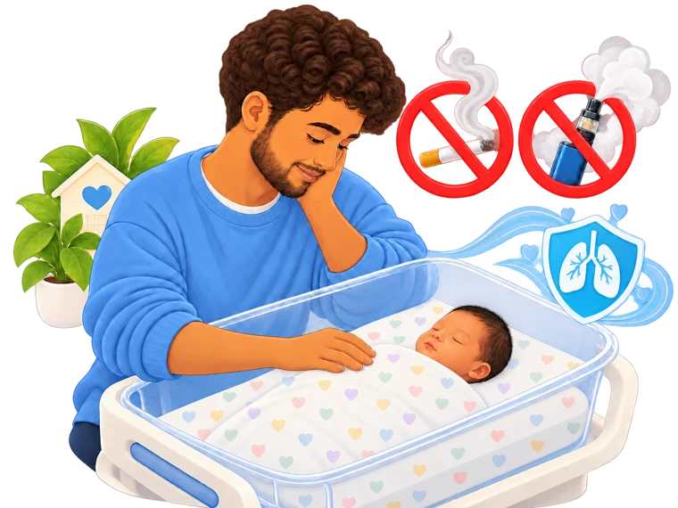 Smoke-free home with a baby in a flat, clear cot without a nasal tube