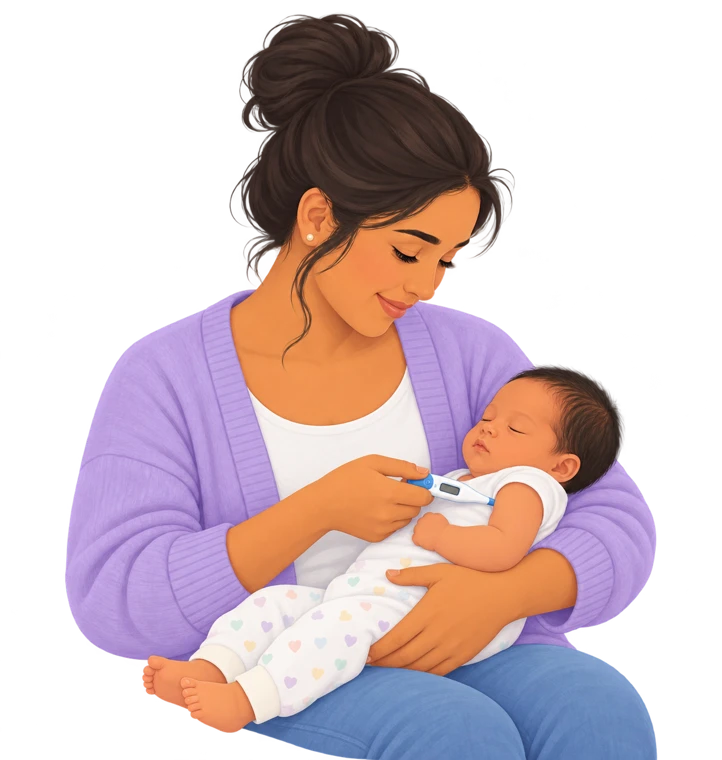 Mother taking her baby’s temperature under the arm with a digital thermometer
