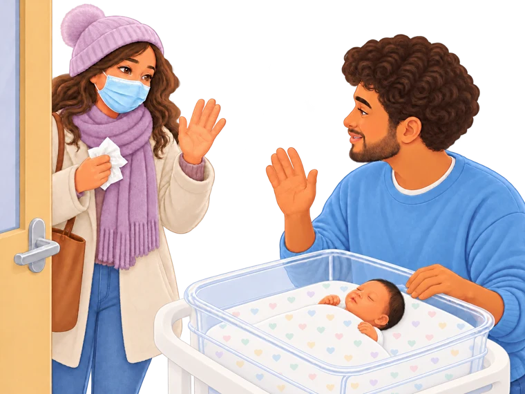 Visitor keeping a distance from a baby in a flat, clear cot without a nasal tube