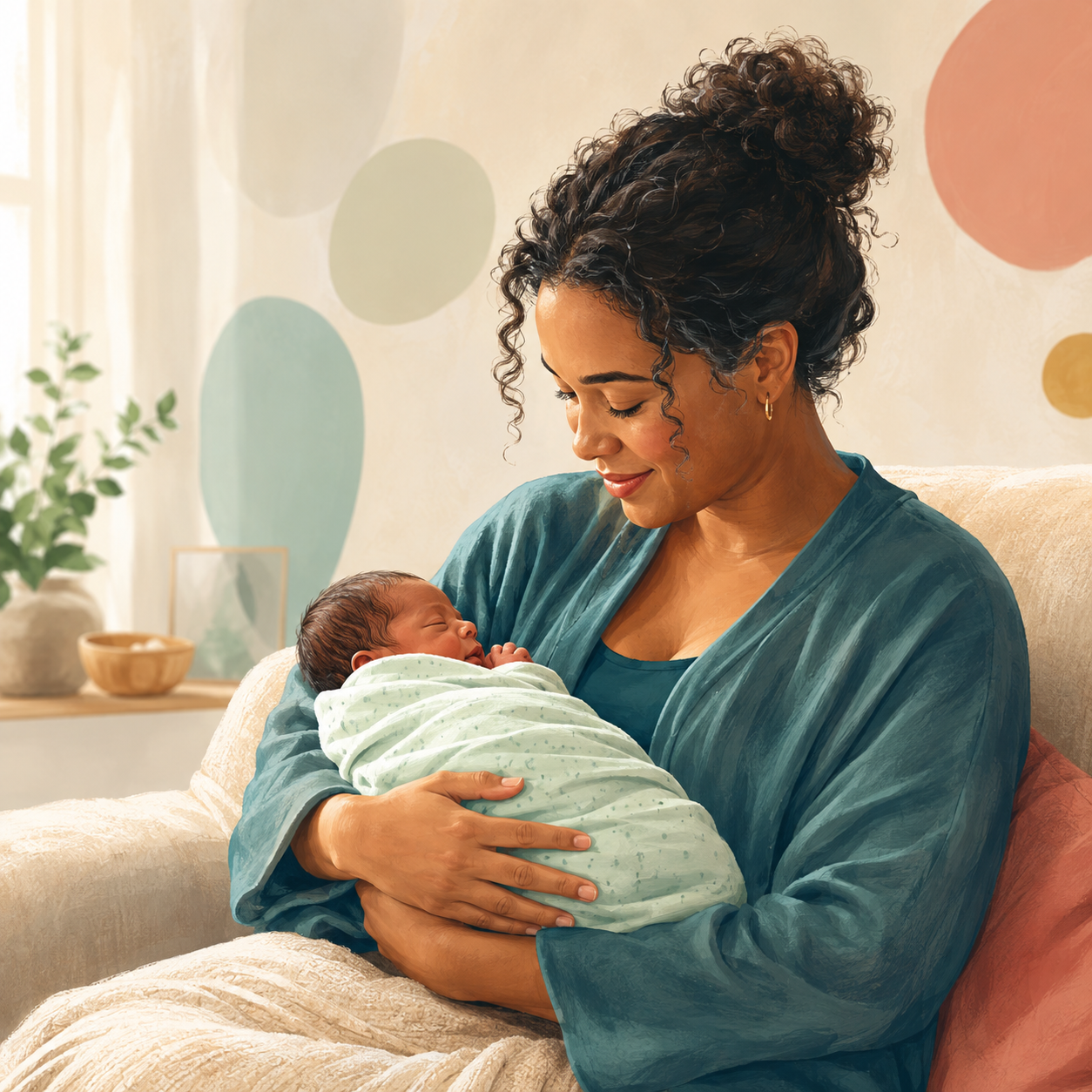 Parent gently holding a sleeping baby at home after neonatal care