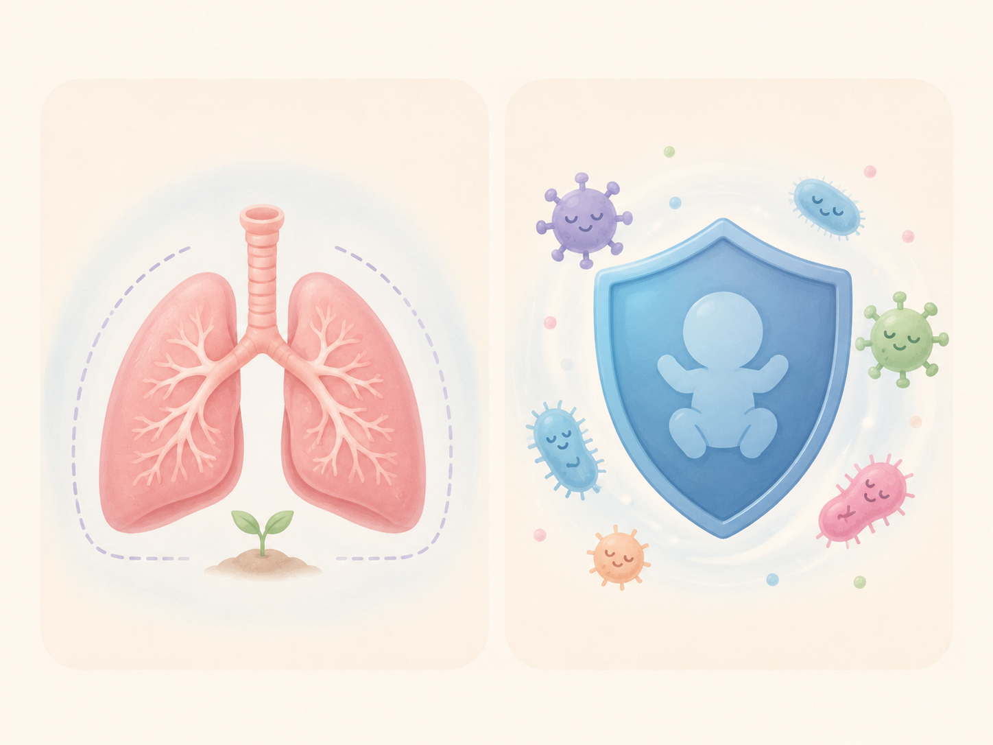 Illustration of developing lungs and immune protection after premature birth.
