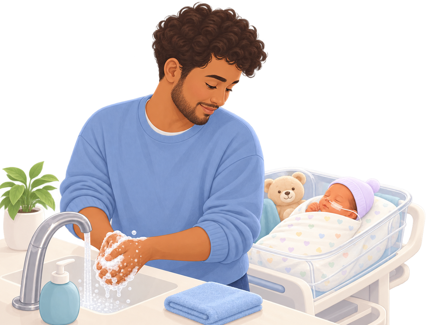 Parent washing hands before caring for a premature baby.