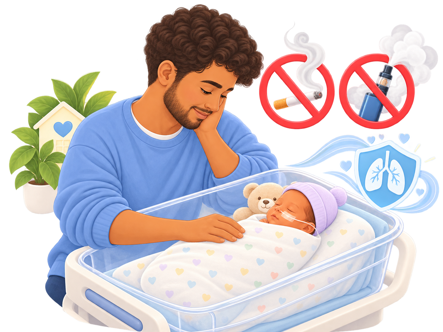 Parent keeping a premature baby away from cigarette and vaping smoke.