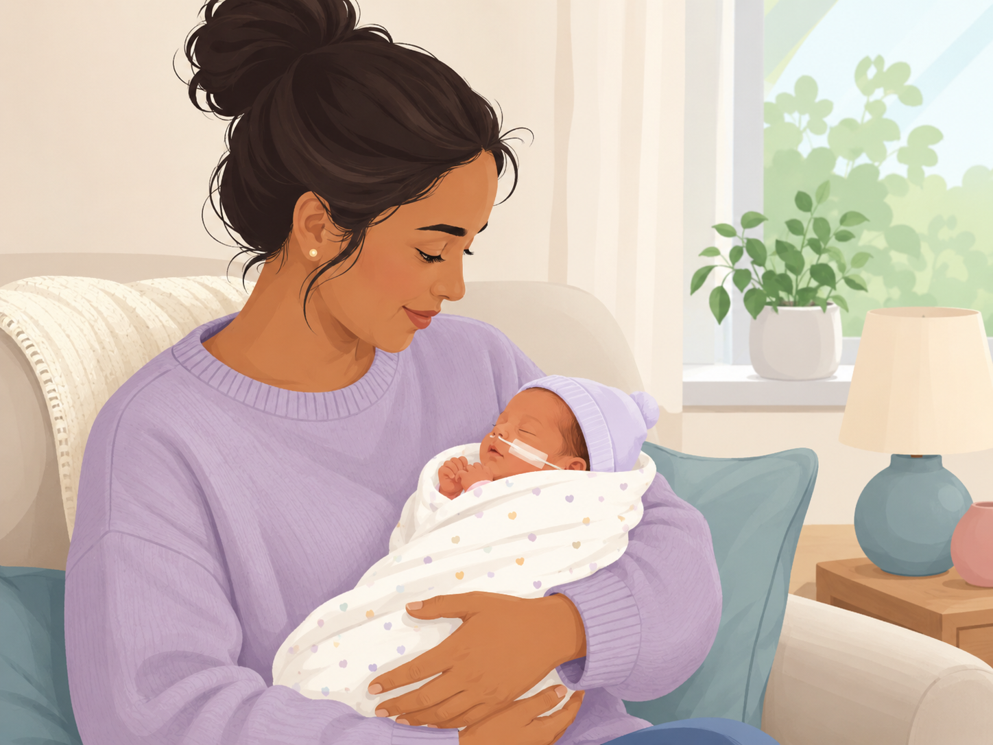 Parent gently holding a premature baby at home.