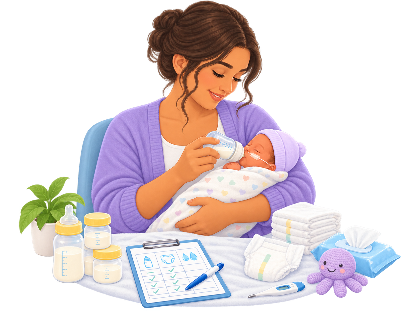 Parent feeding and caring for a premature baby at home, with feeding and monitoring supplies nearby.