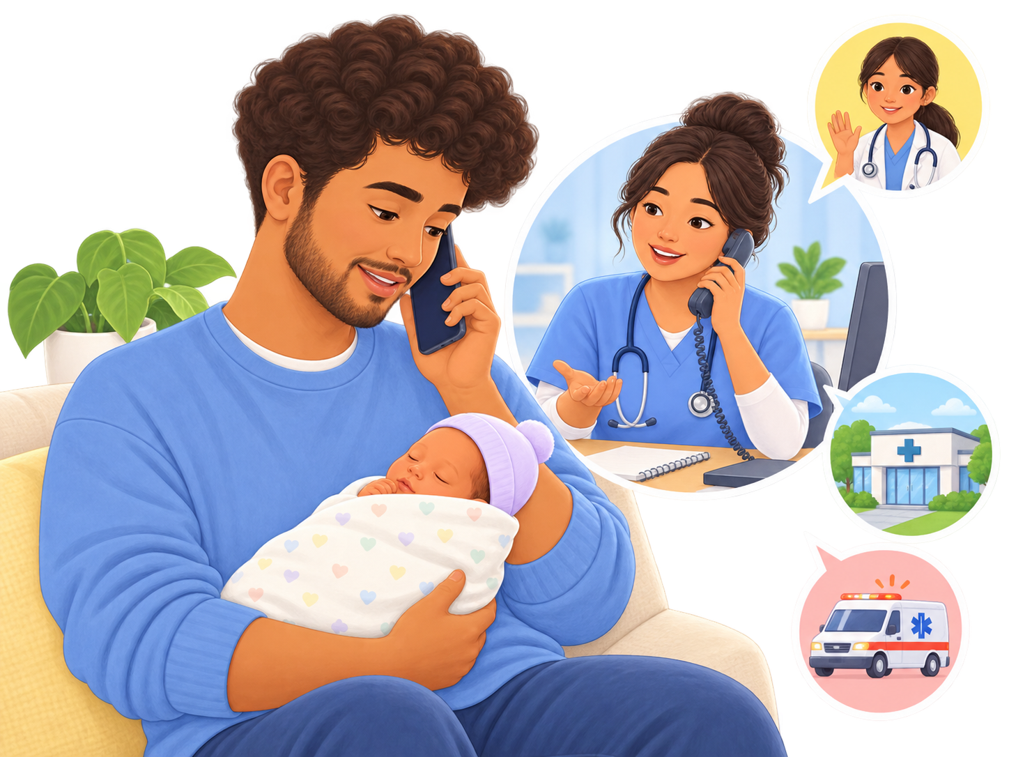 Parent holding a premature baby while speaking to a healthcare professional by telephone.