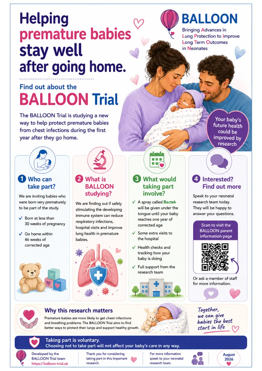 BALLOON Trial poster inviting families of very premature babies to find out more about the study.